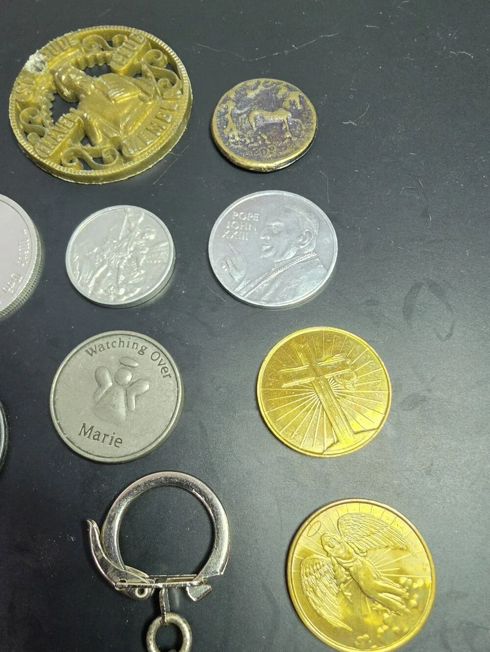 Religious Medal Keychain and Assorted Faith Tokens - Gold & Silver 21 Pieces